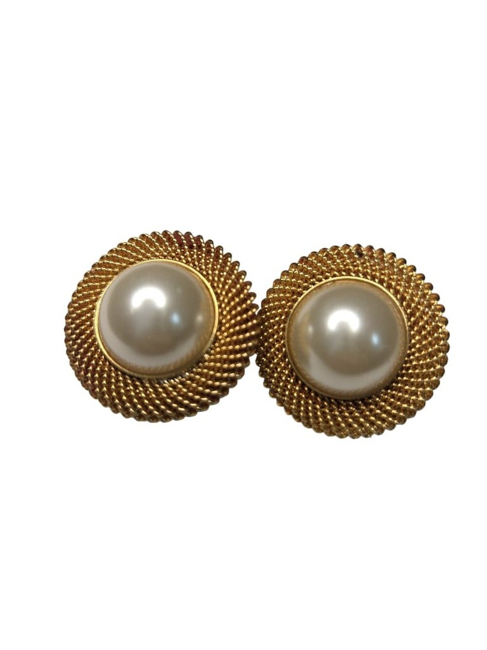 Vintage Gold Tone Mesh Dome Faux Pearl Statement Clip-On Earrings
